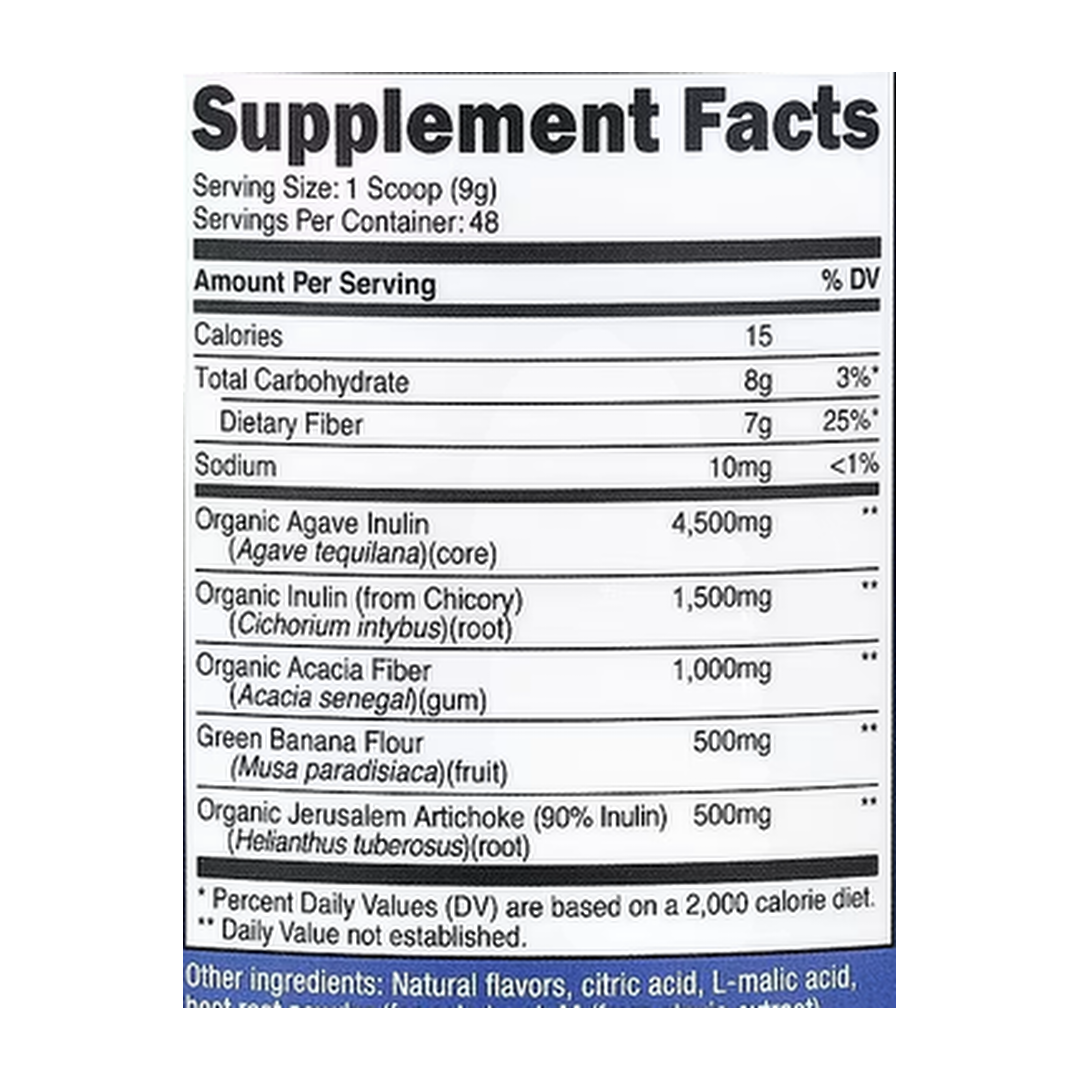 Nutricost, Prebiotic Fiber, Fruit Punch, 16.2 oz, 454 g supplement facts label showing ingredients, vitamins, minerals, and serving information