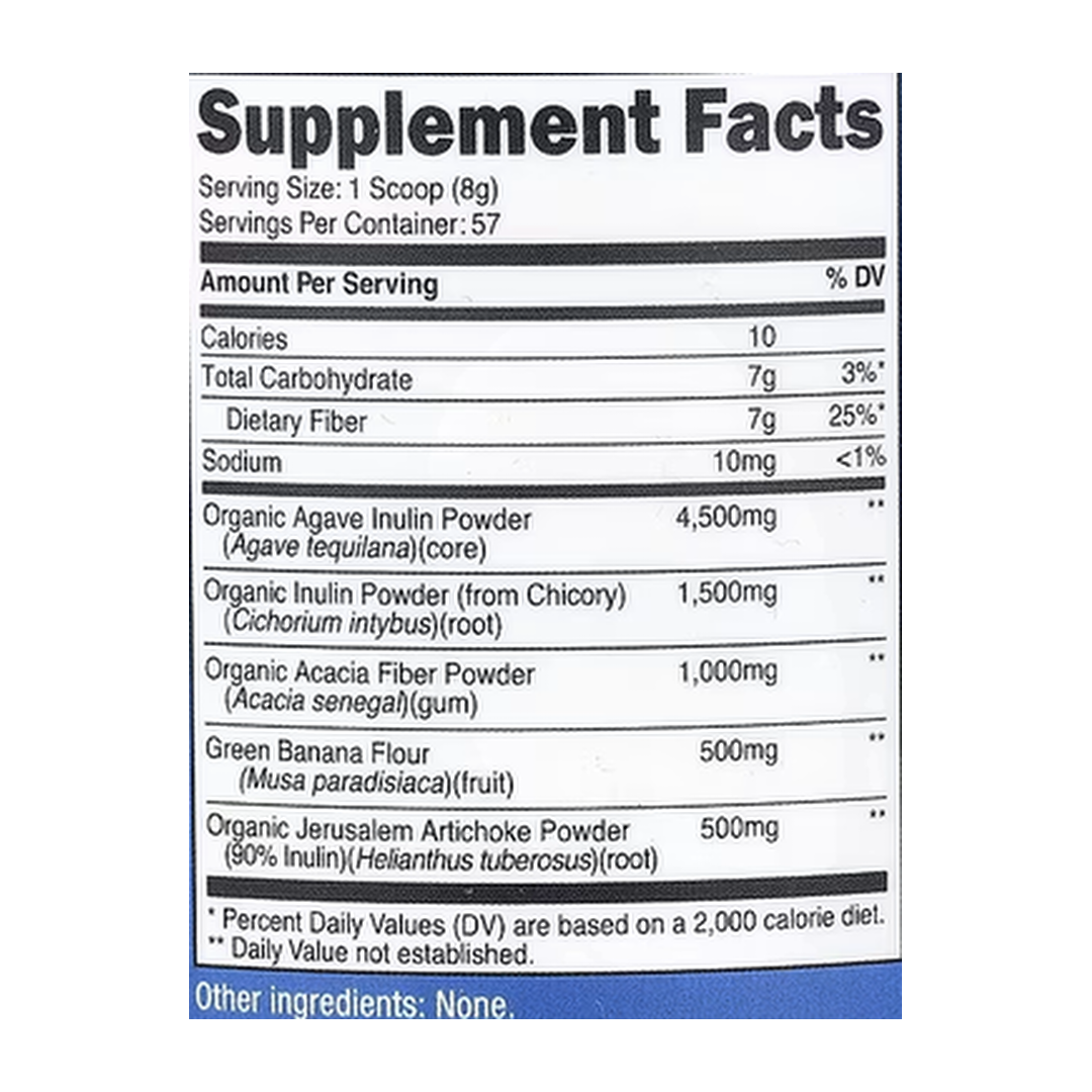Nutricost, Prebiotic Fiber, Unflavored, 16.2 oz, 453 g supplement facts label showing ingredients, vitamins, minerals, and serving information