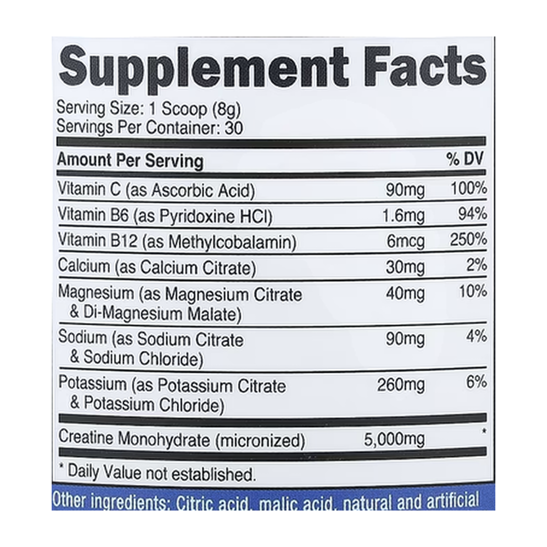 Nutricost, Performance, Creatine + Hydration, Watermelon, 9 oz, 252 g supplement facts label showing ingredients, vitamins, minerals, and serving information