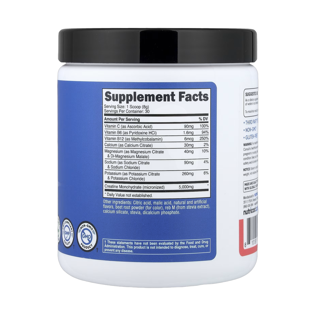 Nutricost, Performance, Creatine + Hydration, Watermelon, 9 oz, 252 g back packaging view