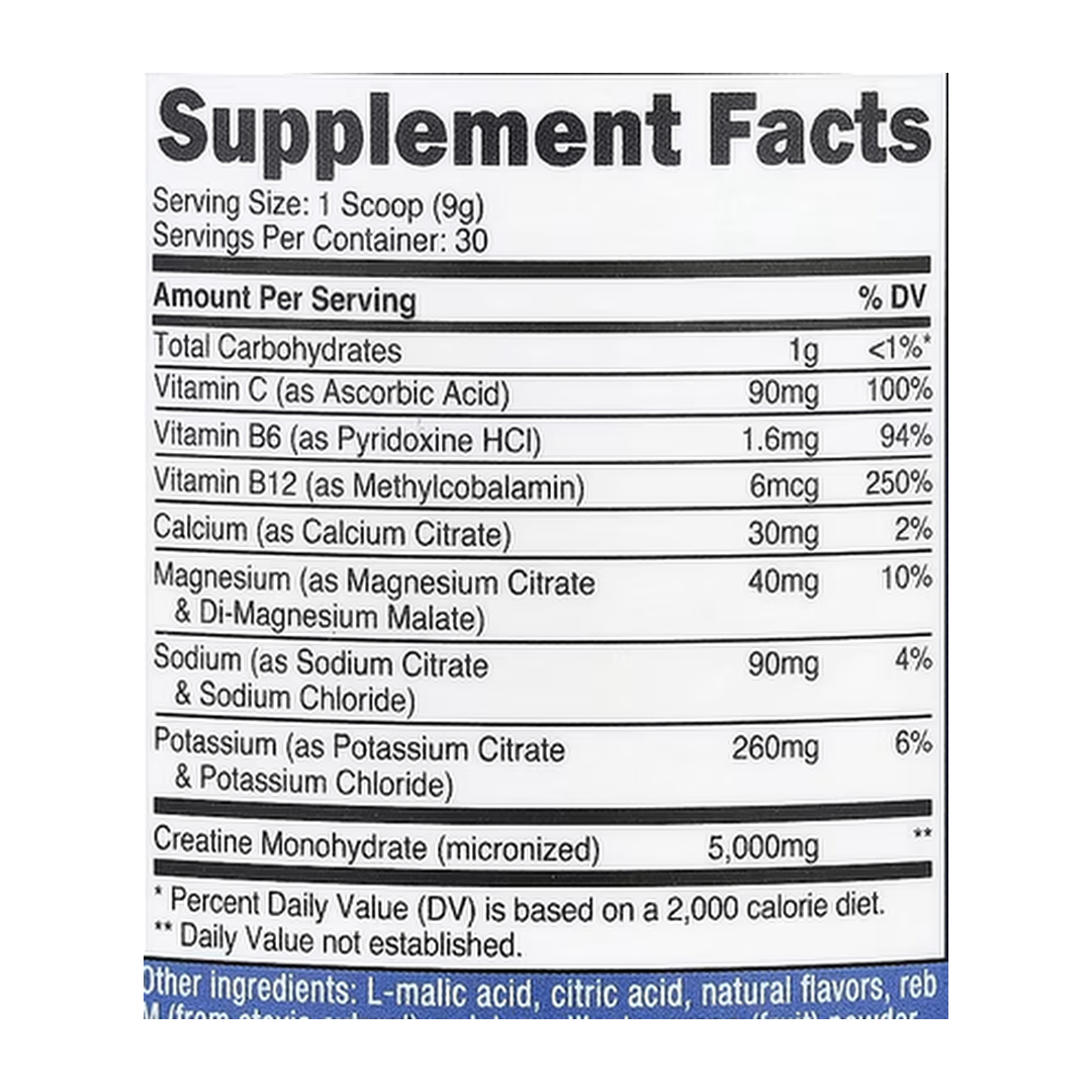 Nutricost, Performance, Creatine + Hydration, Grape, 9.9 oz, 276 g supplement facts label showing ingredients, vitamins, minerals, and serving information