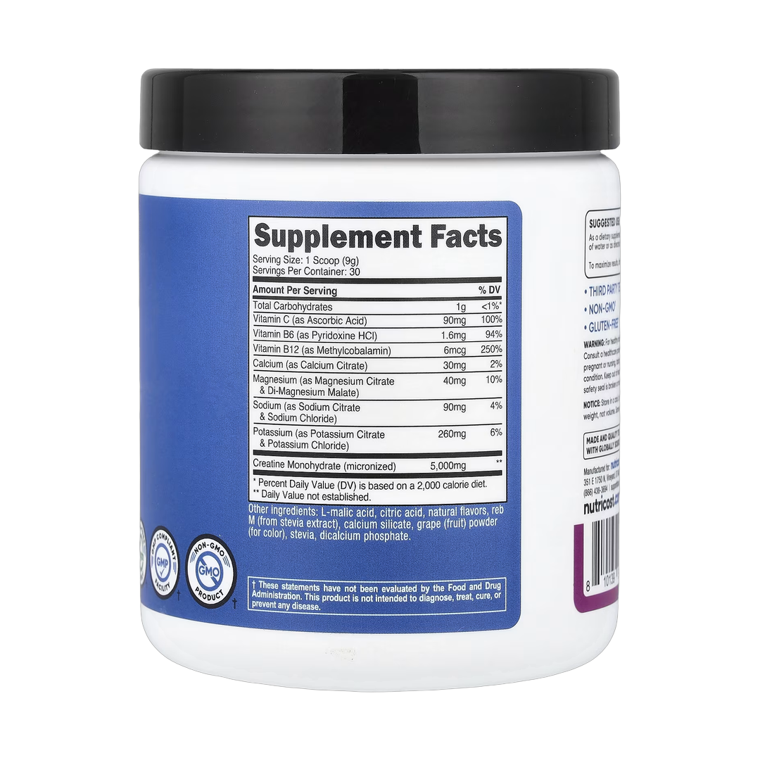 Nutricost, Performance, Creatine + Hydration, Grape, 9.9 oz, 276 g back packaging view