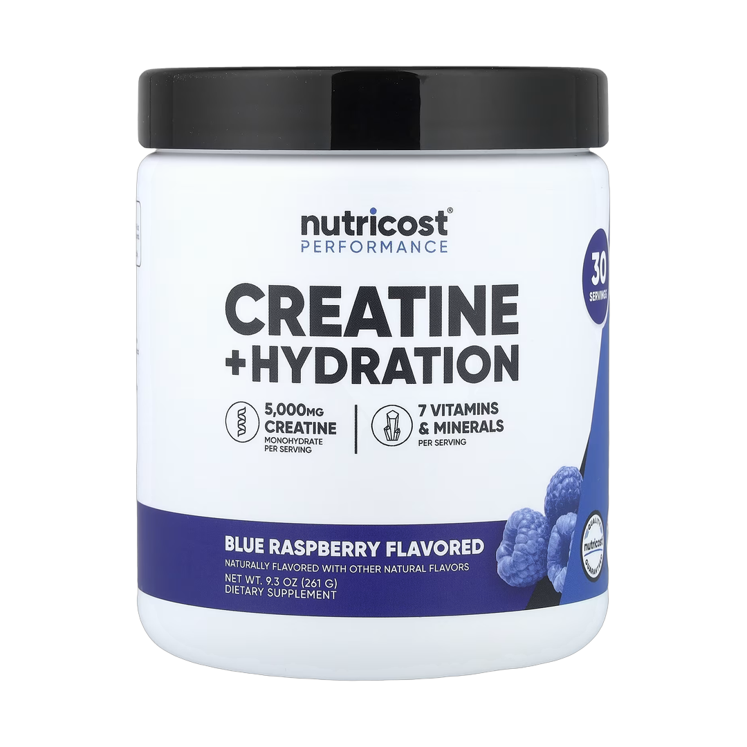 Nutricost, Performance, Creatine + Hydration, Blue Raspberry, 9.3 oz, 261 g front packaging view