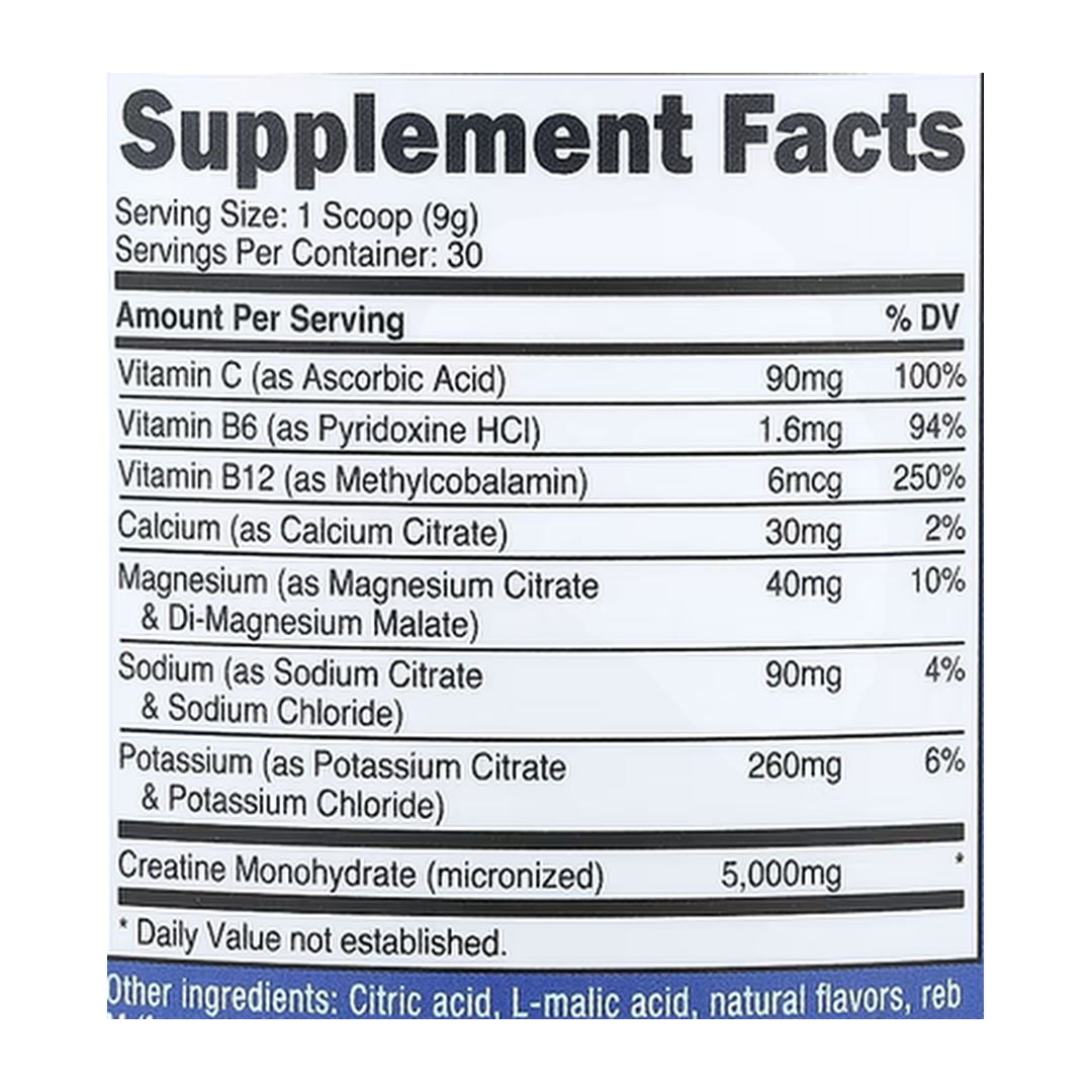 Nutricost, Performance, Creatine + Hydration, Blue Raspberry, 9.3 oz, 261 g supplement facts label showing ingredients, vitamins, minerals, and serving information