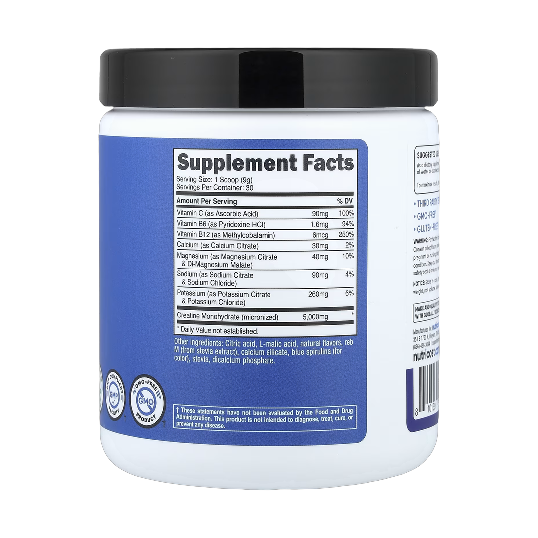 Nutricost, Performance, Creatine + Hydration, Blue Raspberry, 9.3 oz, 261 g back packaging view