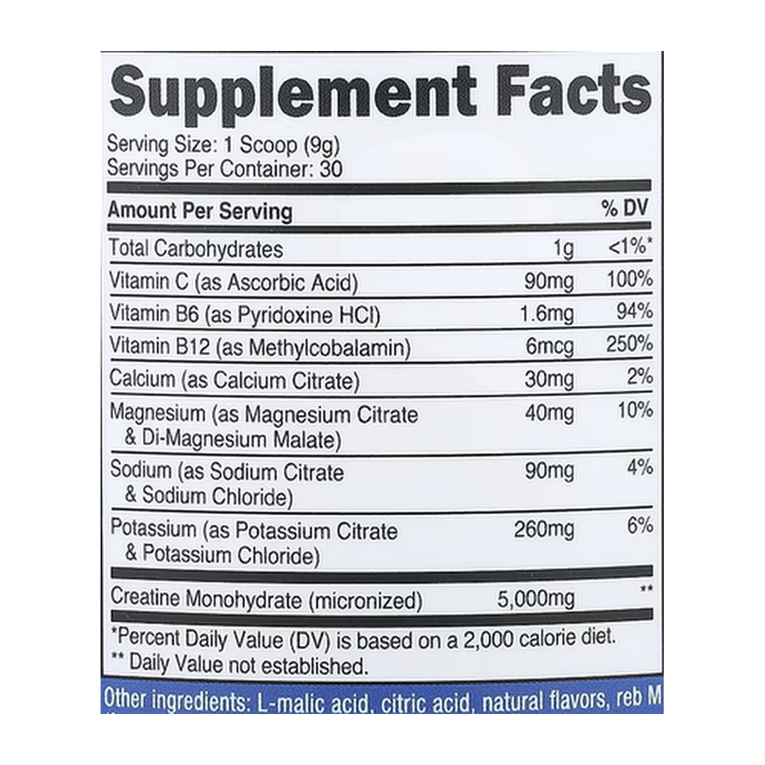 Nutricost, Performance, Creatine + Hydration, Fruit Punch, 10.1 oz, 282 g supplement facts label showing ingredients, vitamins, minerals, and serving information