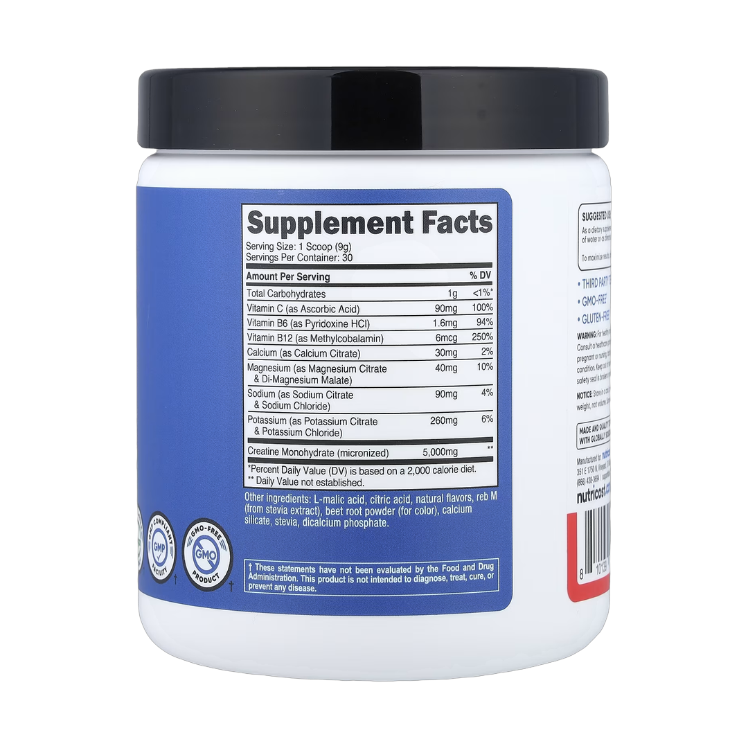 Nutricost, Performance, Creatine + Hydration, Fruit Punch, 10.1 oz, 282 g back packaging view