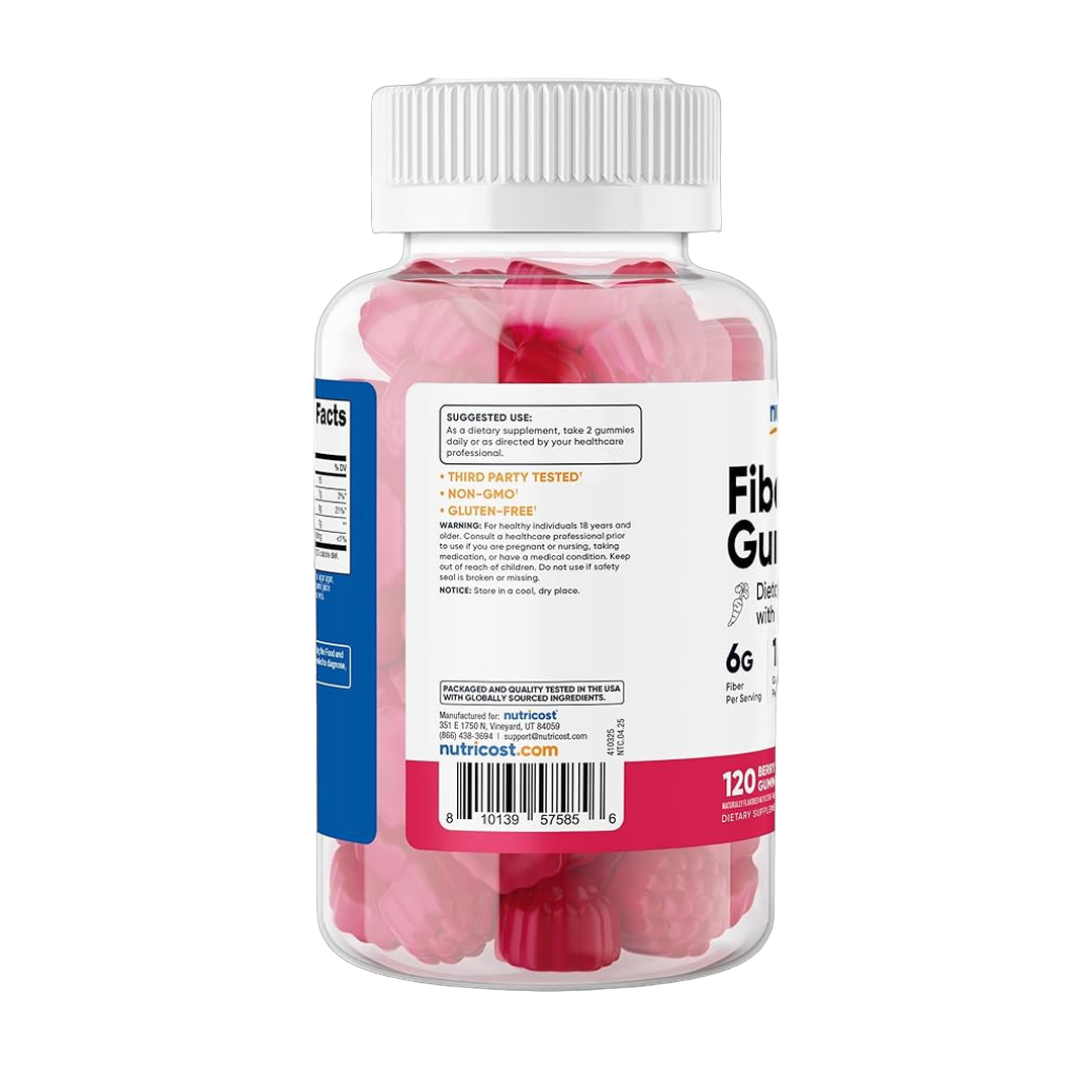 Nutricost, Fiber, Dietary Fiber With Chicory Root, Berry, 120 Gummies packaging side view