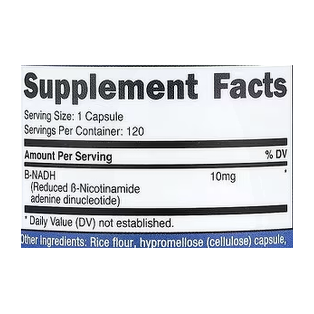 Nutricost, NADH, 10 mg, 120 Capsules supplement facts label showing ingredients, vitamins, minerals, and serving information