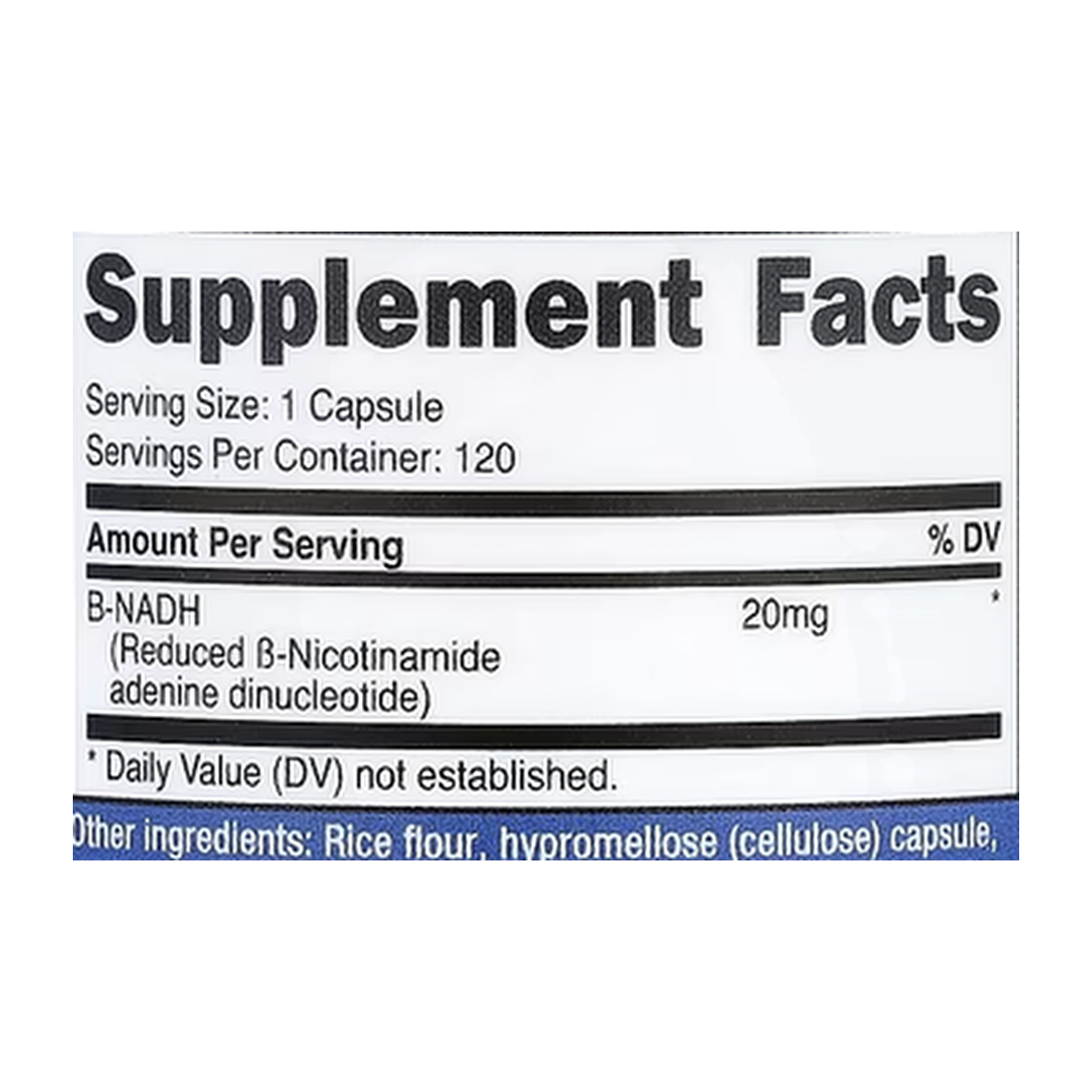 Nutricost, NADH, 20 mg, 120 Capsules supplement facts label showing ingredients, vitamins, minerals, and serving information