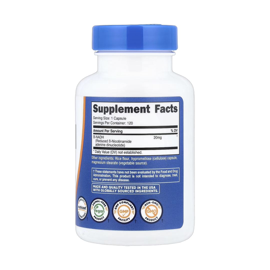 Nutricost, NADH, 20 mg, 120 Capsules back packaging view