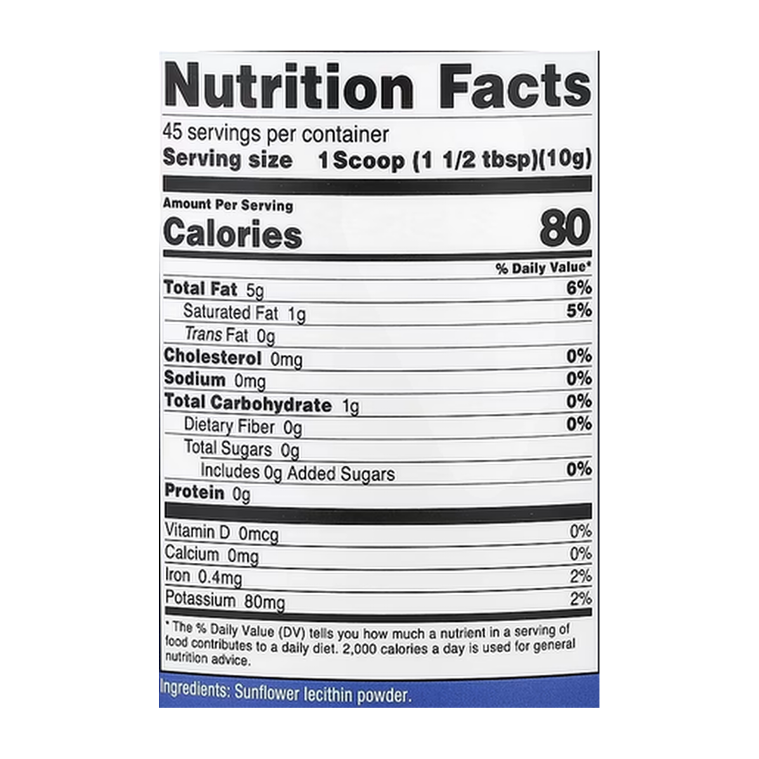 Nutricost, Sunflower Lecithin, Unflavored, 16.2 oz, 454 g supplement facts label showing ingredients, vitamins, minerals, and serving information