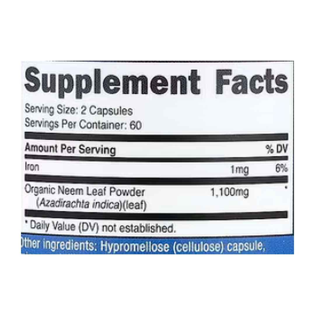 Nutricost, Neem Leaf, 120 Capsules supplement facts label showing ingredients, vitamins, minerals, and serving information