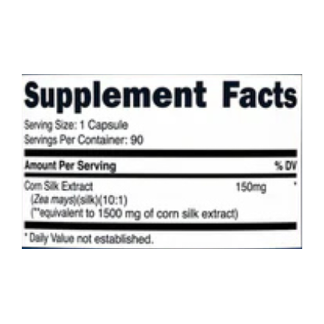 Nutricost, Corn Silk, 150 mg, 90 Capsules supplement facts label showing ingredients, vitamins, minerals, and serving information