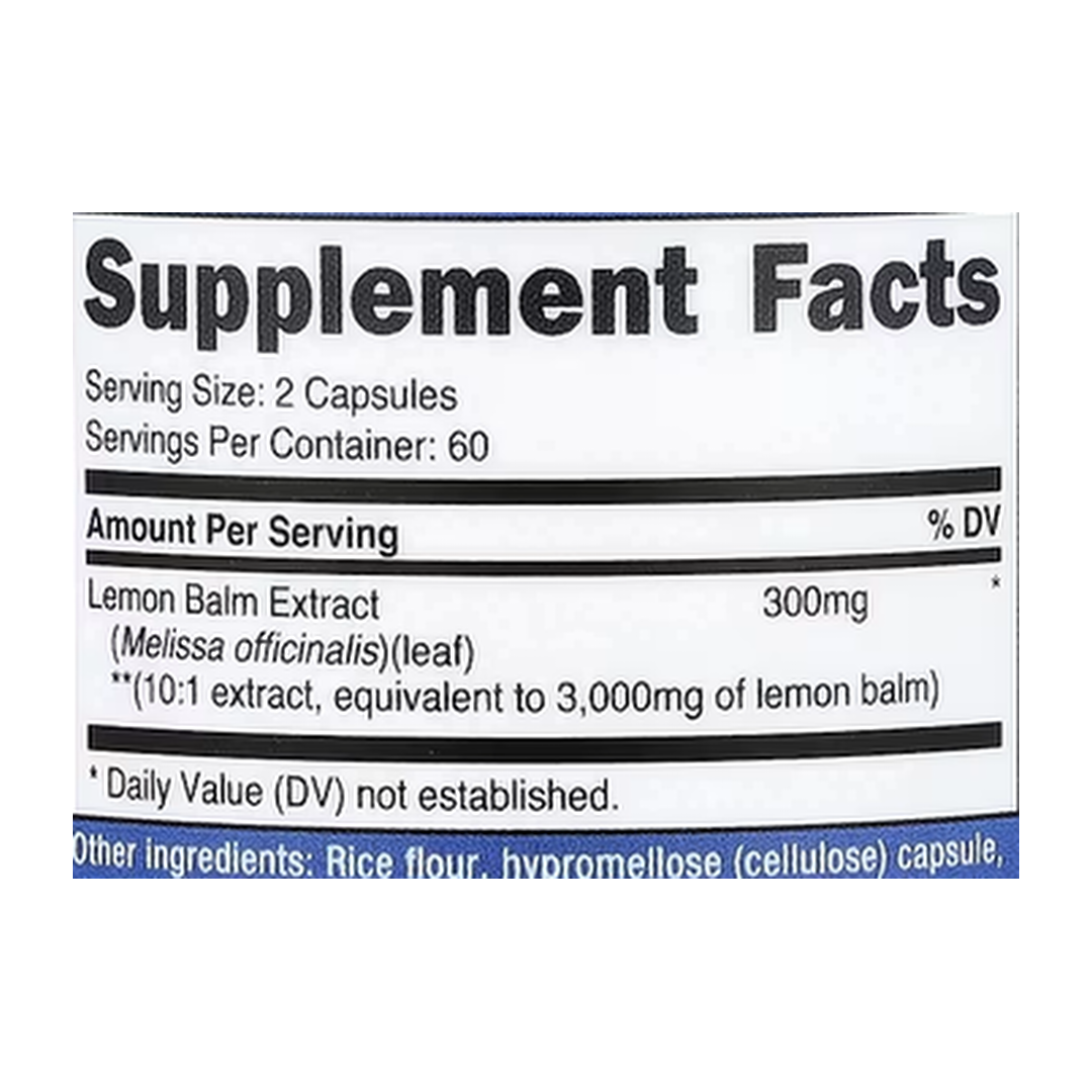 Nutricost, Lemon Balm, 120 Capsules supplement facts label showing ingredients, vitamins, minerals, and serving information