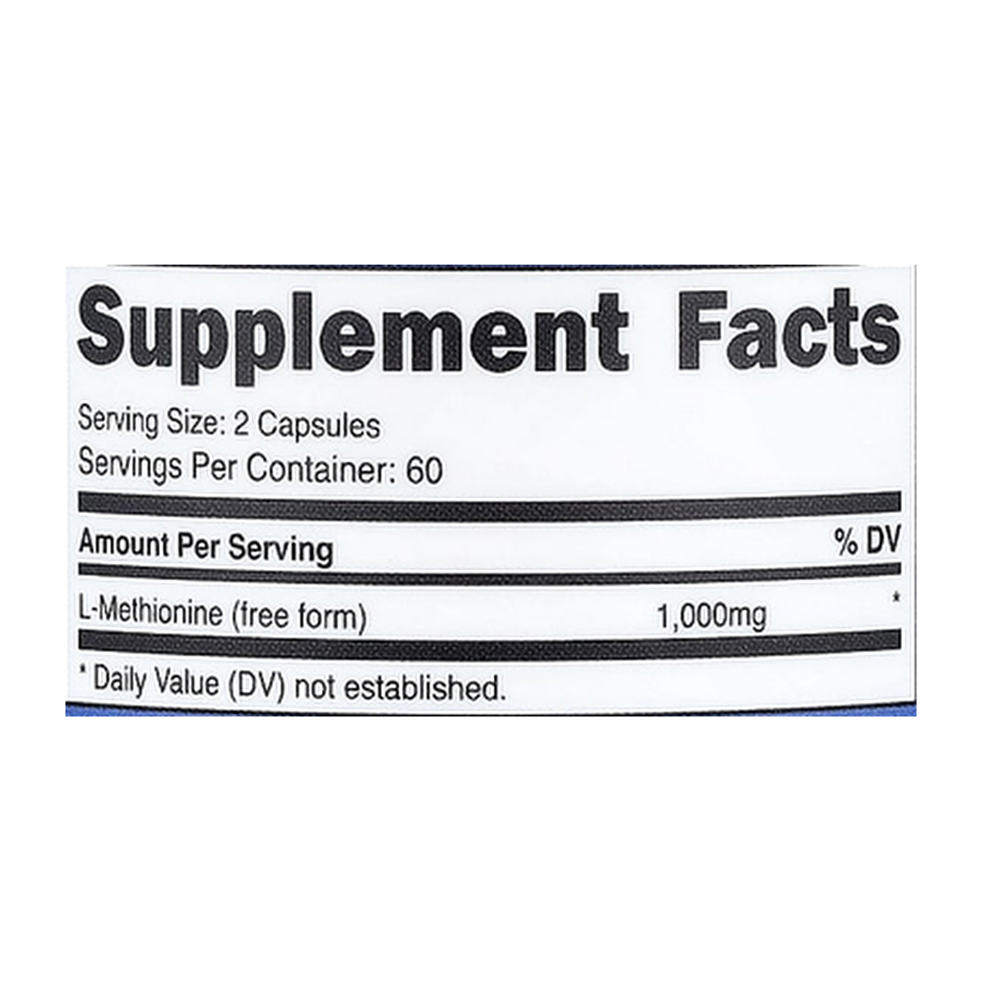 Nutricost, L-Methionine, 120 Capsules supplement facts label showing ingredients, vitamins, minerals, and serving information