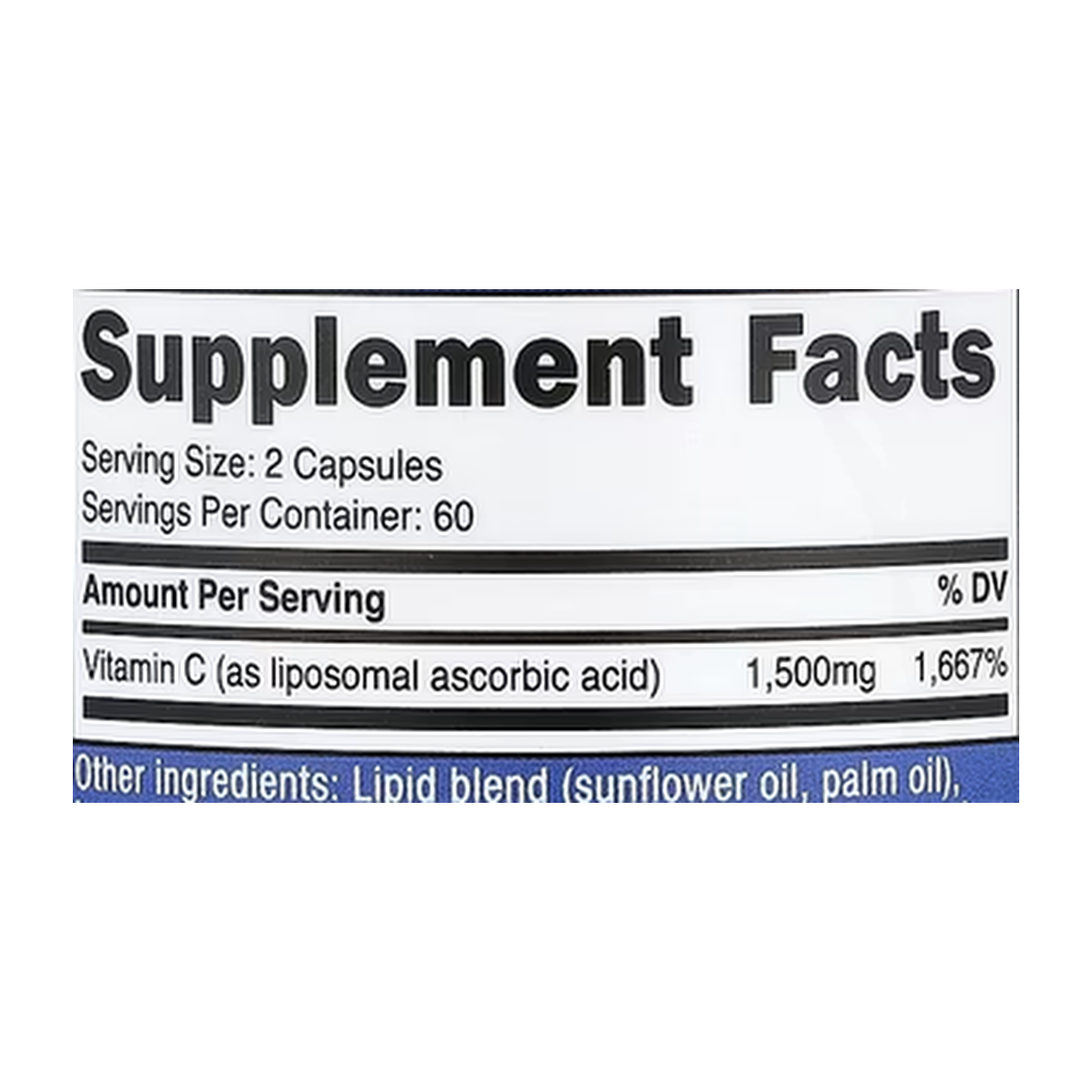 Nutricost, Liposomal Vitamin C, 120 Capsules supplement facts label showing ingredients, vitamins, minerals, and serving information