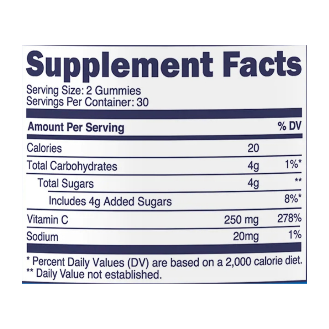Nutricost Kids, Vitamin C, 250 mg, 60 Gummies supplement facts label showing ingredients, vitamins, minerals, and serving information