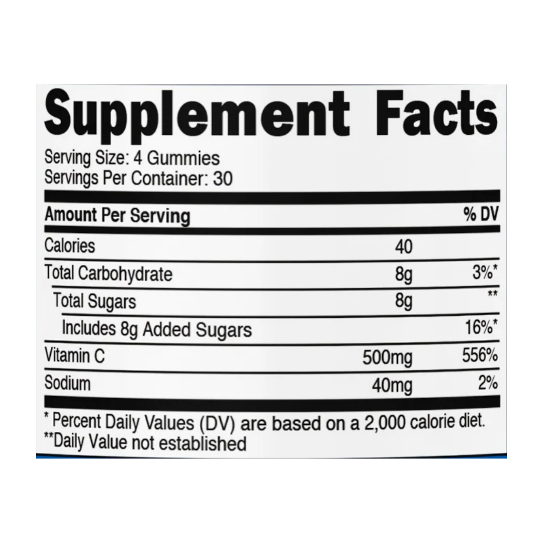 Nutricost, Vitamin C, 500 mg, 120 Gummies supplement facts label showing ingredients, vitamins, minerals, and serving information