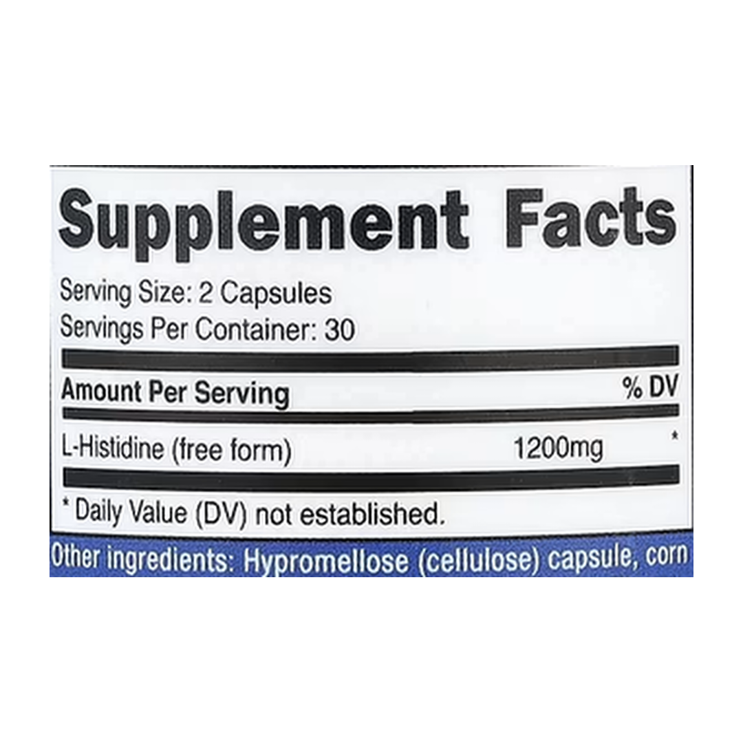 Nutricost, L-Histidine , 60 Capsule supplement facts label showing ingredients, vitamins, minerals, and serving information