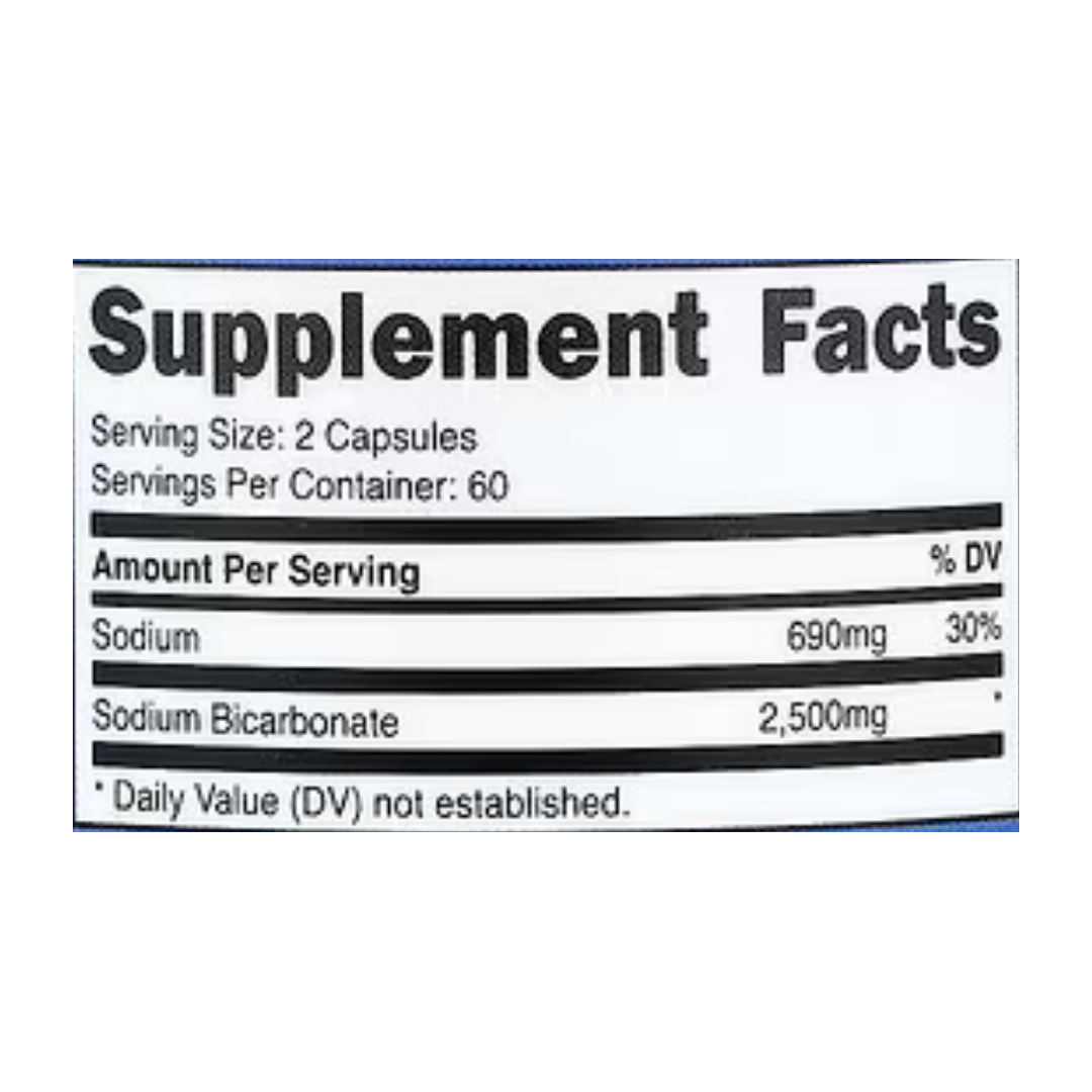 Nutricost, Sodium Bicarbonate, 120 Capsules supplement facts label showing ingredients, vitamins, minerals, and serving information