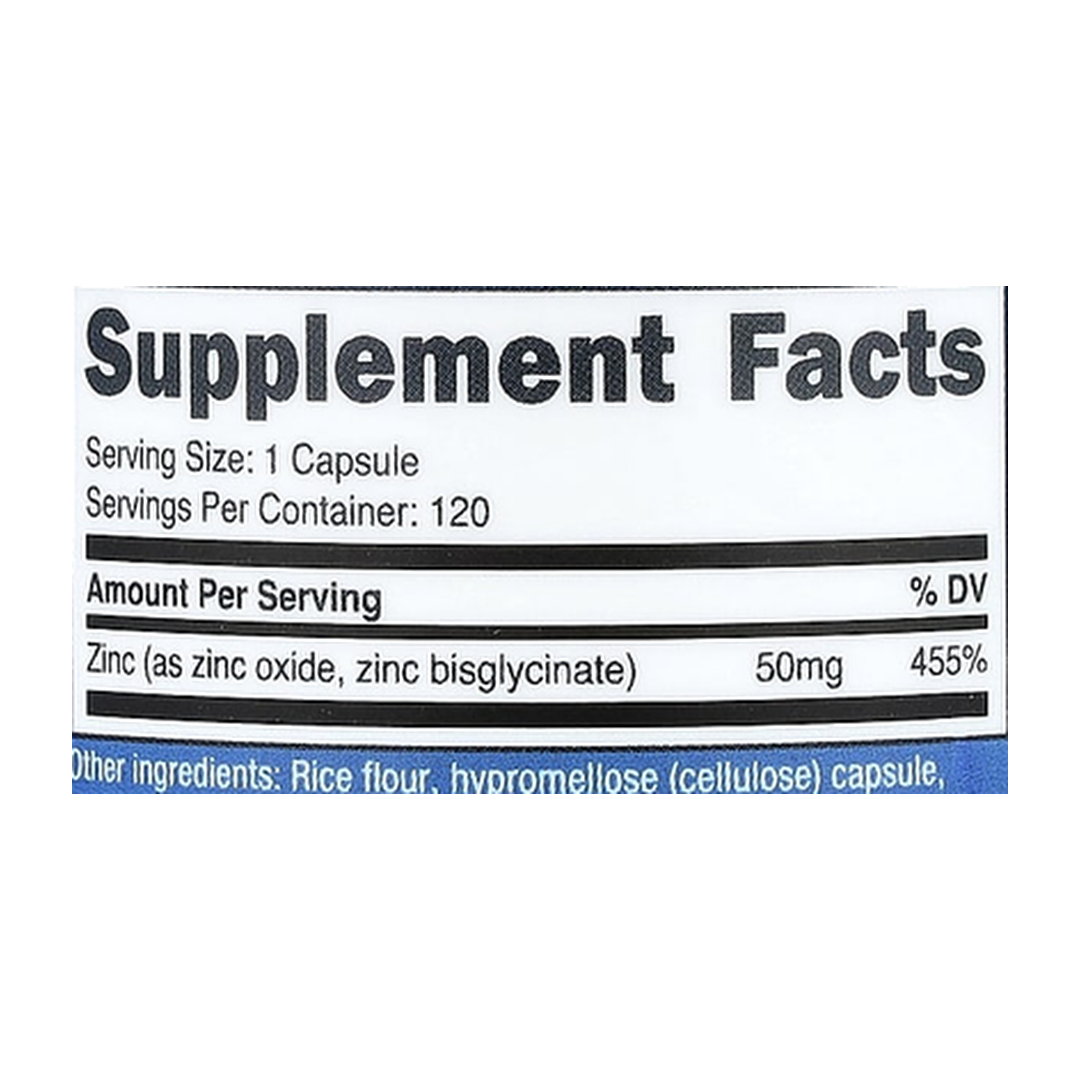 Nutricost, Zinc Bisglycinate, 50 mg, 120 Capsules supplement facts label showing ingredients, vitamins, minerals, and serving information