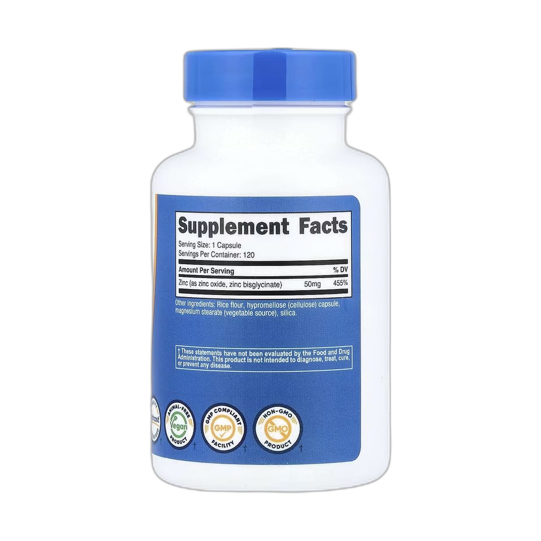 Nutricost, Zinc Bisglycinate, 50 mg, 120 Capsules back packaging view