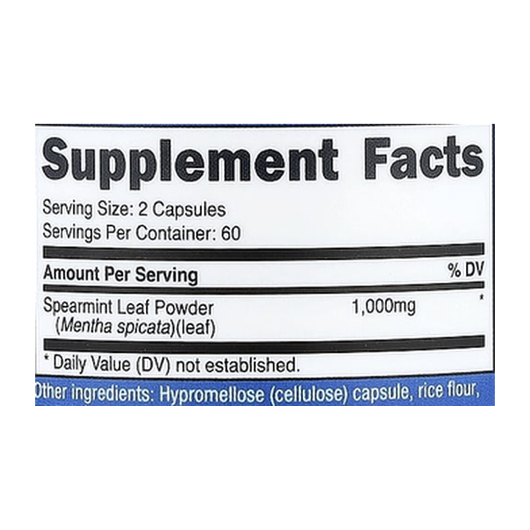 Nutricost, Spearmint Leaf, 120 Capsules supplement facts label showing ingredients, vitamins, minerals, and serving information