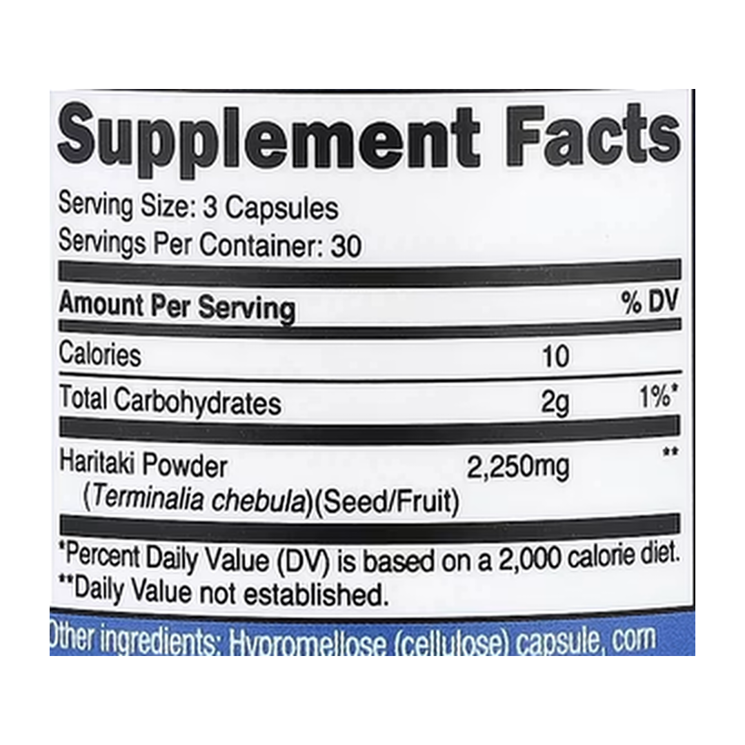 Nutricost, Haritaki, 90 Capsules supplement facts label showing ingredients, vitamins, minerals, and serving information