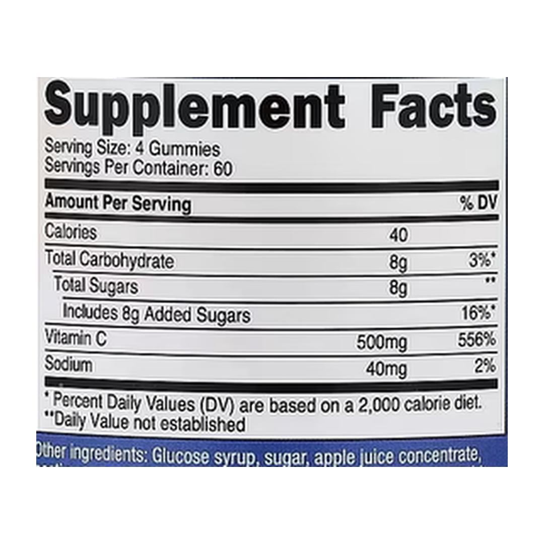Nutricost, Vitamin C Gummies, Orange, 240 Gummies supplement facts label showing ingredients, vitamins, minerals, and serving information