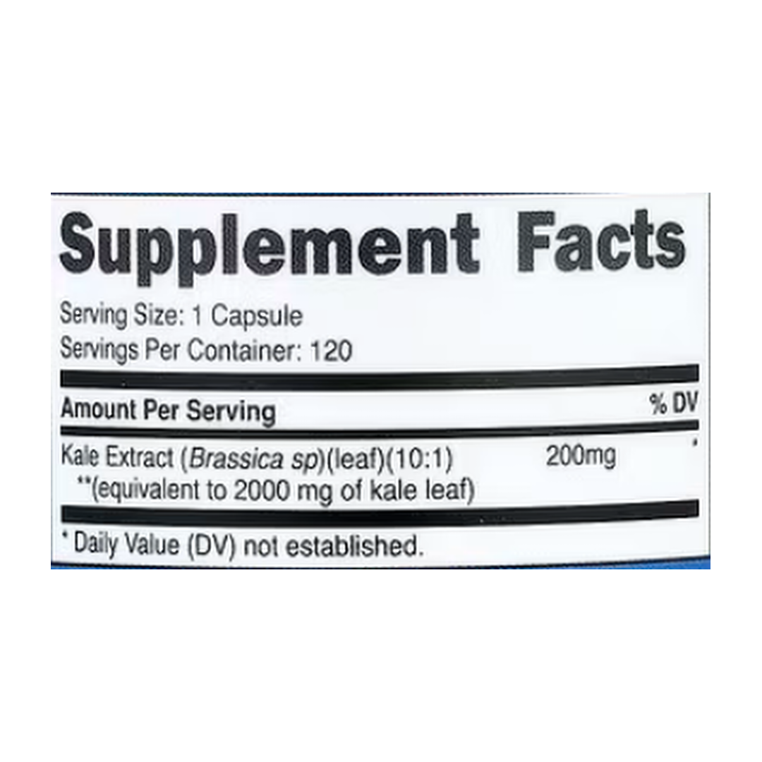 Nutricost, Kale, 2,000 mg, 120 Capsules supplement facts label showing ingredients, vitamins, minerals, and serving information