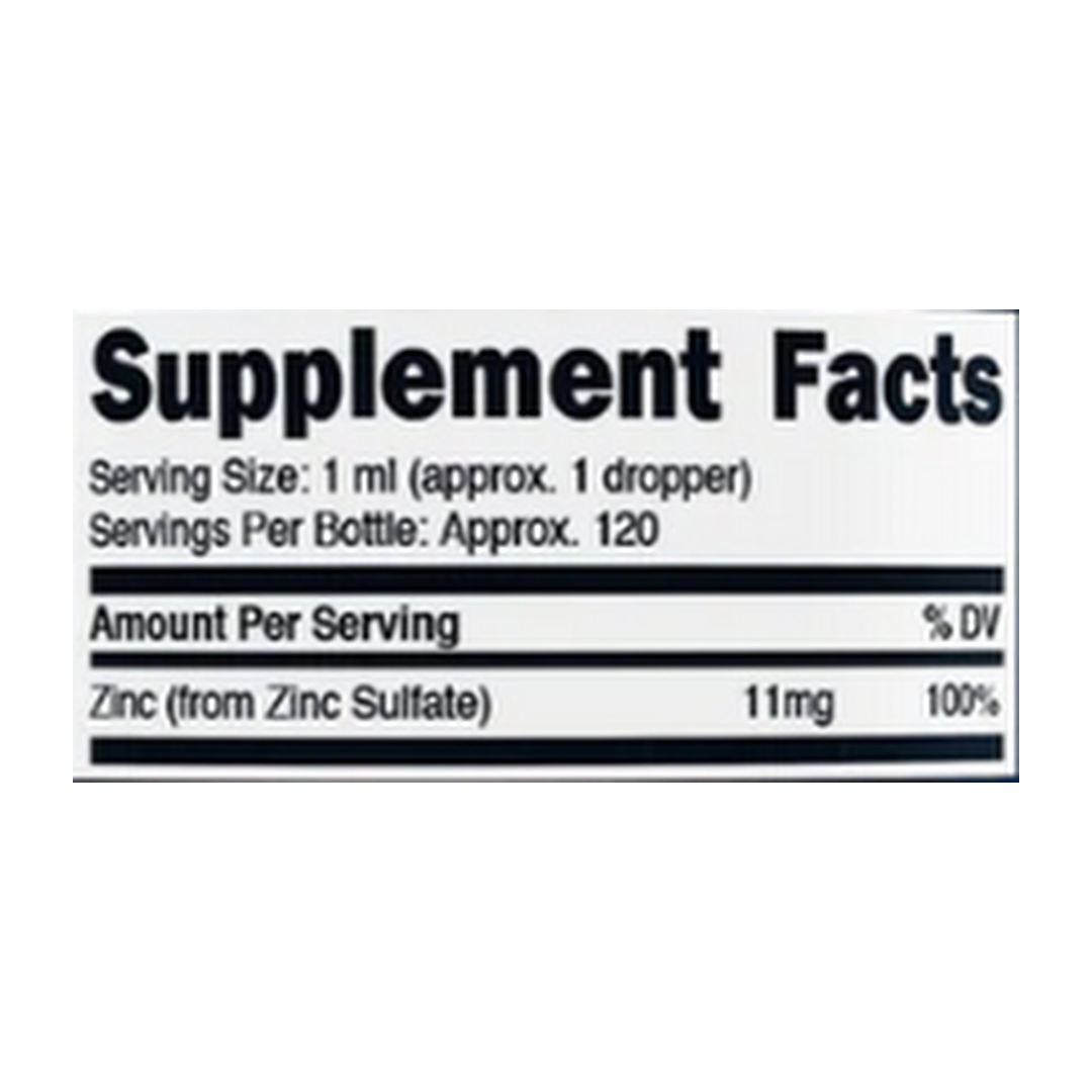 Nutricost, Ionic Zinc, liquid Drops, 4 fl. Oz, 120 ml supplement facts label showing ingredients, vitamins, minerals, and serving information