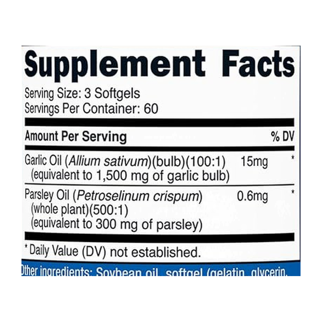 Nutricost, Garlic & Parsley Oil, 15mg, 180 Softgels supplement facts label showing ingredients, vitamins, minerals, and serving information