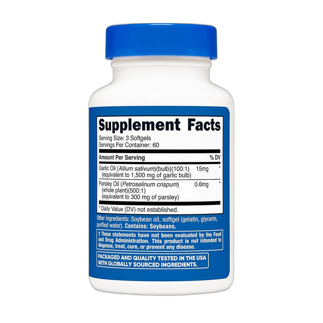 Nutricost, Garlic & Parsley Oil, 15mg, 180 Softgels back packaging view