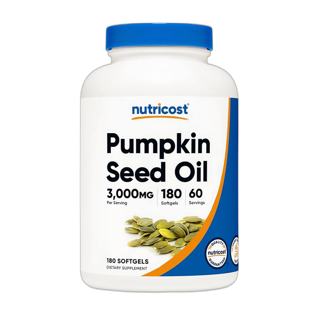 Nutricost Pumpkin Seed Oil 3,000mg Per Serving, 180 Softgels front packaging view
