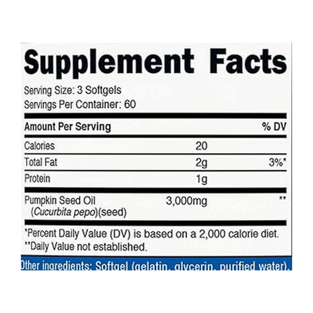 Nutricost Pumpkin Seed Oil 3,000mg Per Serving, 180 Softgels supplement facts label showing ingredients, vitamins, minerals, and serving information