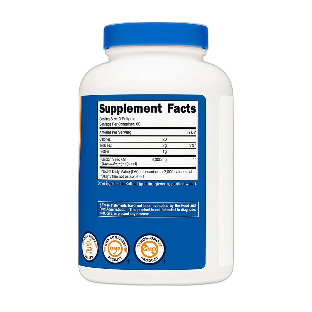 Nutricost Pumpkin Seed Oil 3,000mg Per Serving, 180 Softgels back packaging view