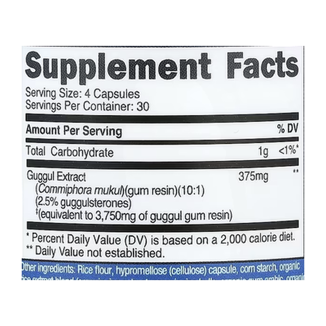 Nutricost, Guggul Extract, 120 Capsules supplement facts label showing ingredients, vitamins, minerals, and serving information