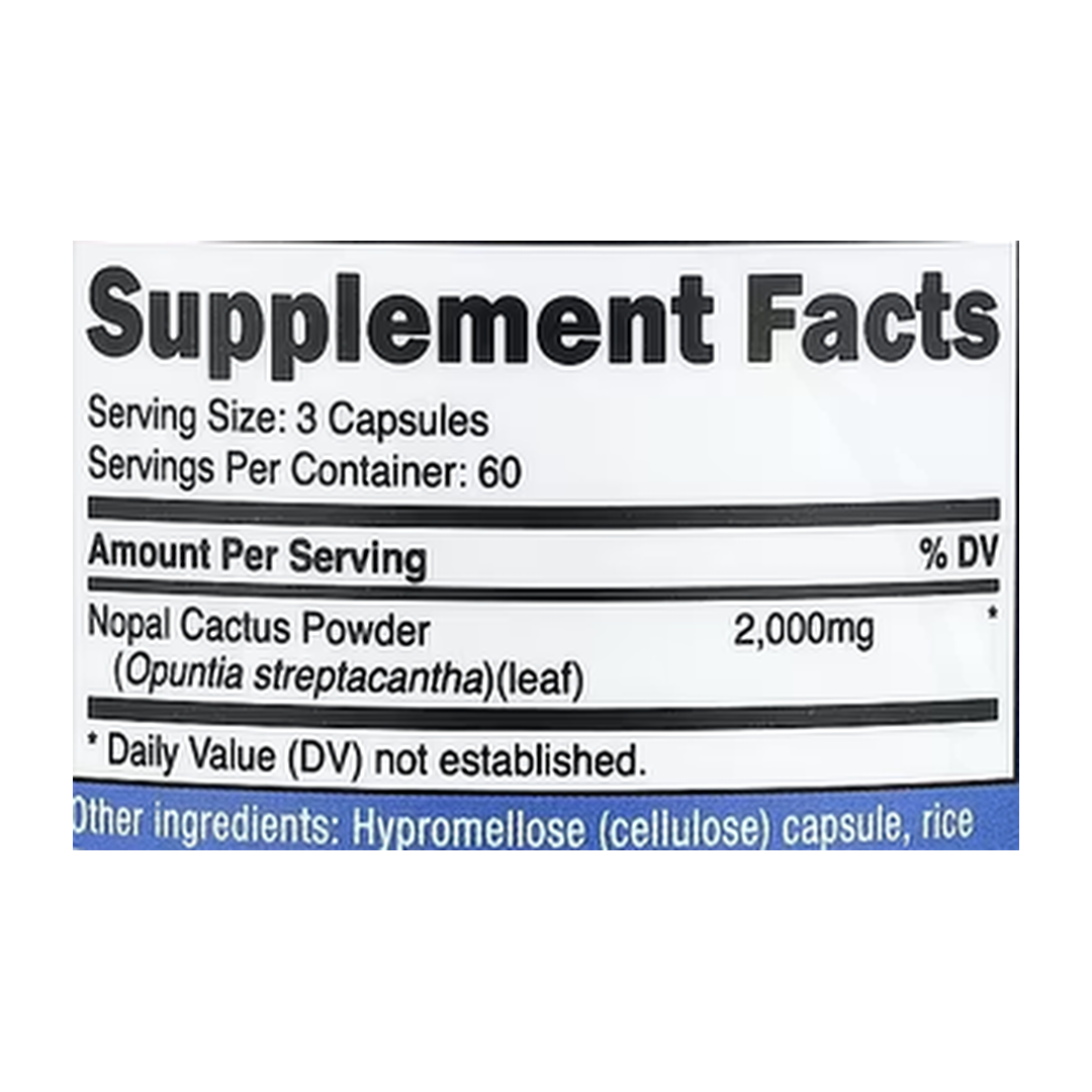 Nutricost, Nopal Cactus, 180 Capsules supplement facts label showing ingredients, vitamins, minerals, and serving information