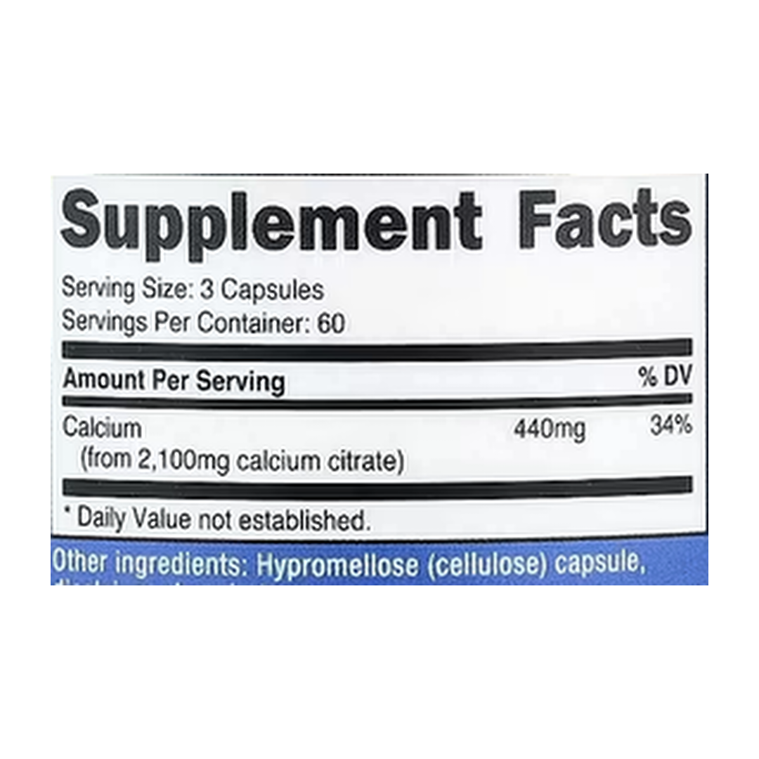 Nutricost, Calcium Citrate, 180 Capsules supplement facts label showing ingredients, vitamins, minerals, and serving information