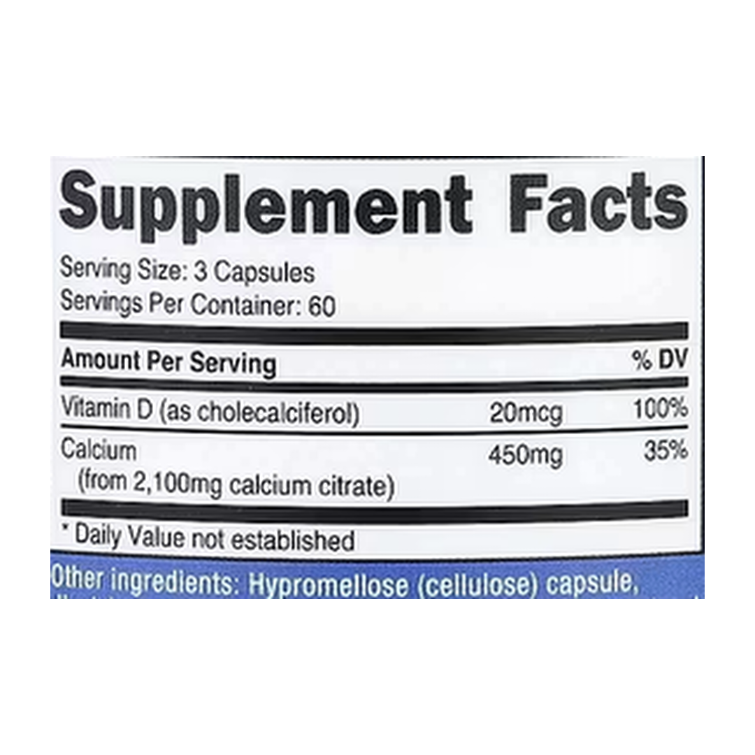 Nutricost, Calcium Citrate + Vitamin D, 180 Capsules supplement facts label showing ingredients, vitamins, minerals, and serving information