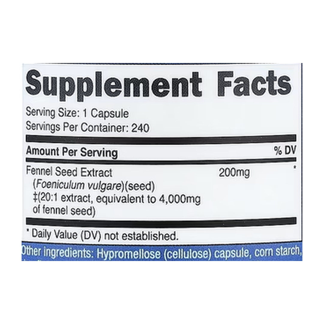 Nutricost, Fennel Seed, 240 Capsules supplement facts label showing ingredients, vitamins, minerals, and serving information