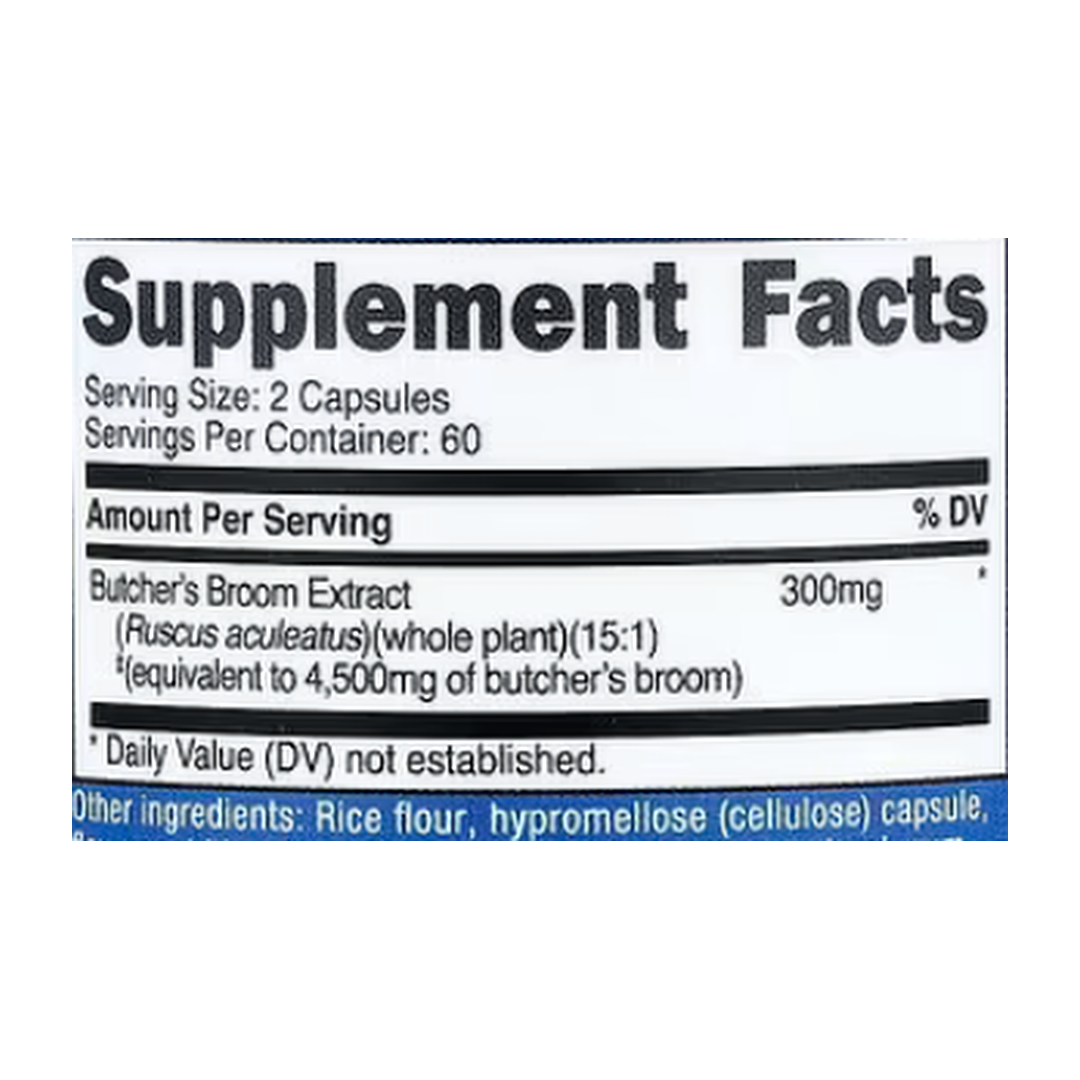Nutricost, Butcher's Broom, 120 Capsules supplement facts label showing ingredients, vitamins, minerals, and serving information