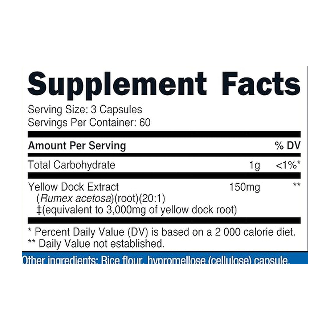 Nutricost, Yellow Dock, 3,000 mg, 180 Capsules supplement facts label showing ingredients, vitamins, minerals, and serving information
