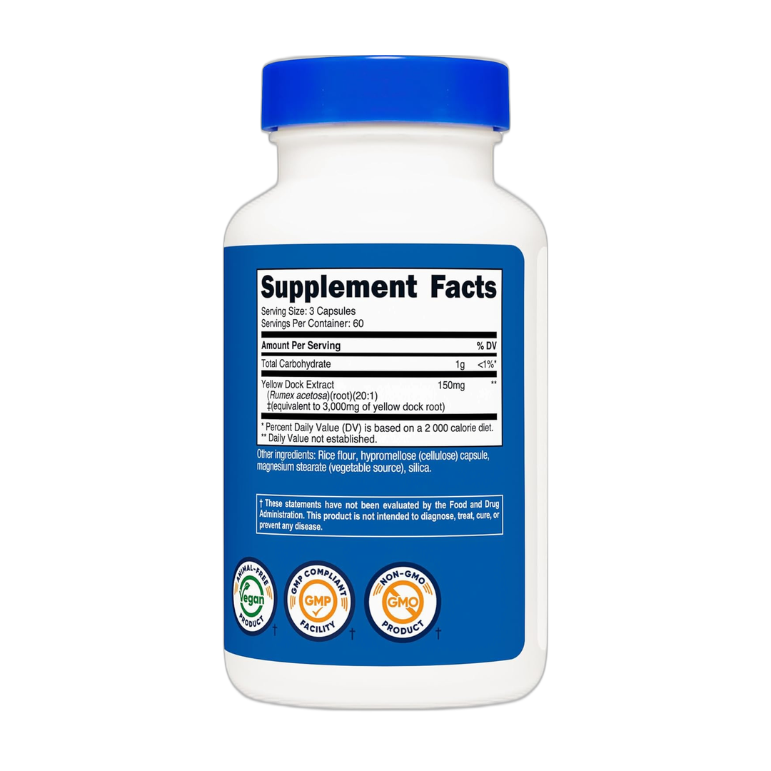Nutricost, Yellow Dock, 3,000 mg, 180 Capsules back packaging view