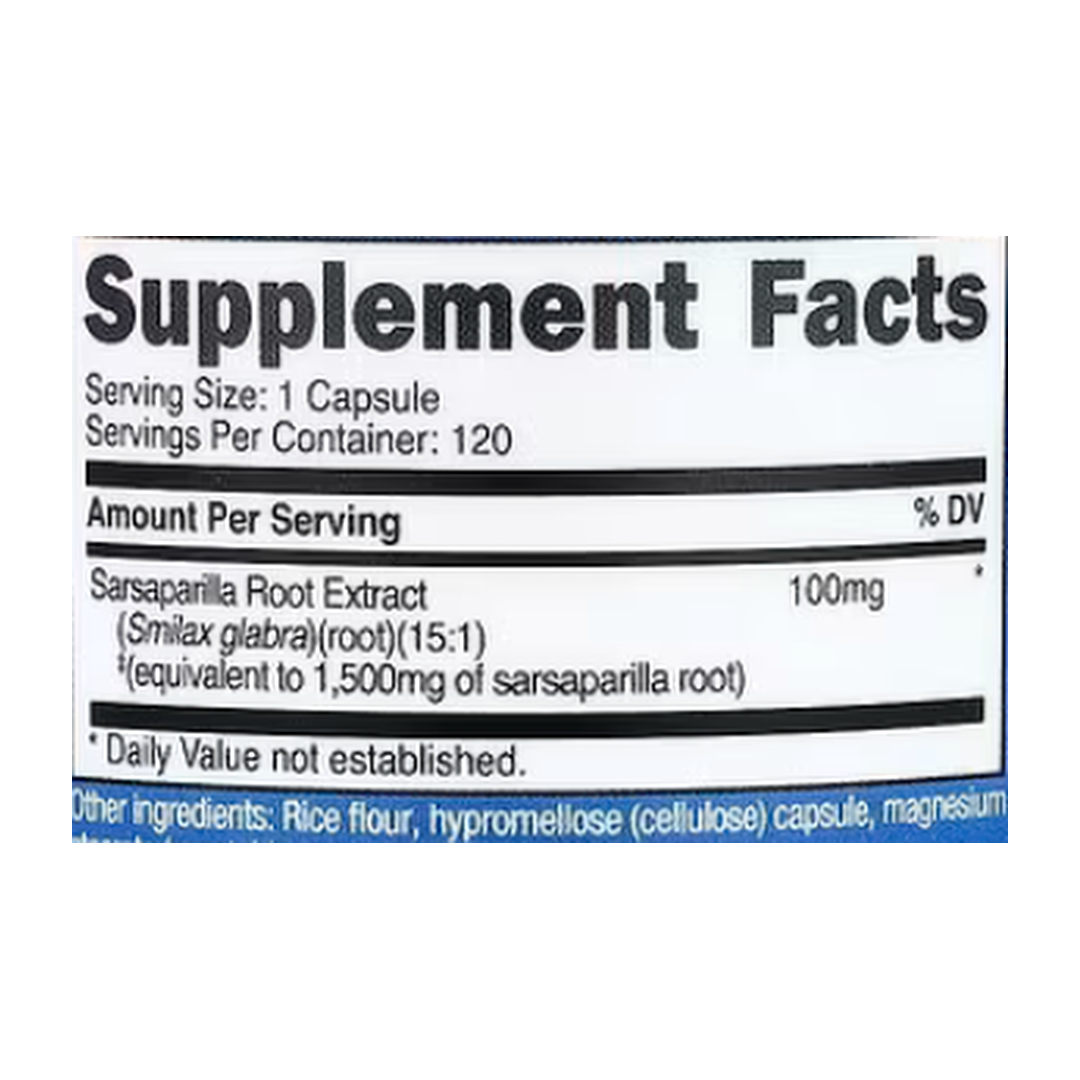 Nutricost, Sarsaparilla Root, 120 Capsules supplement facts label showing ingredients, vitamins, minerals, and serving information