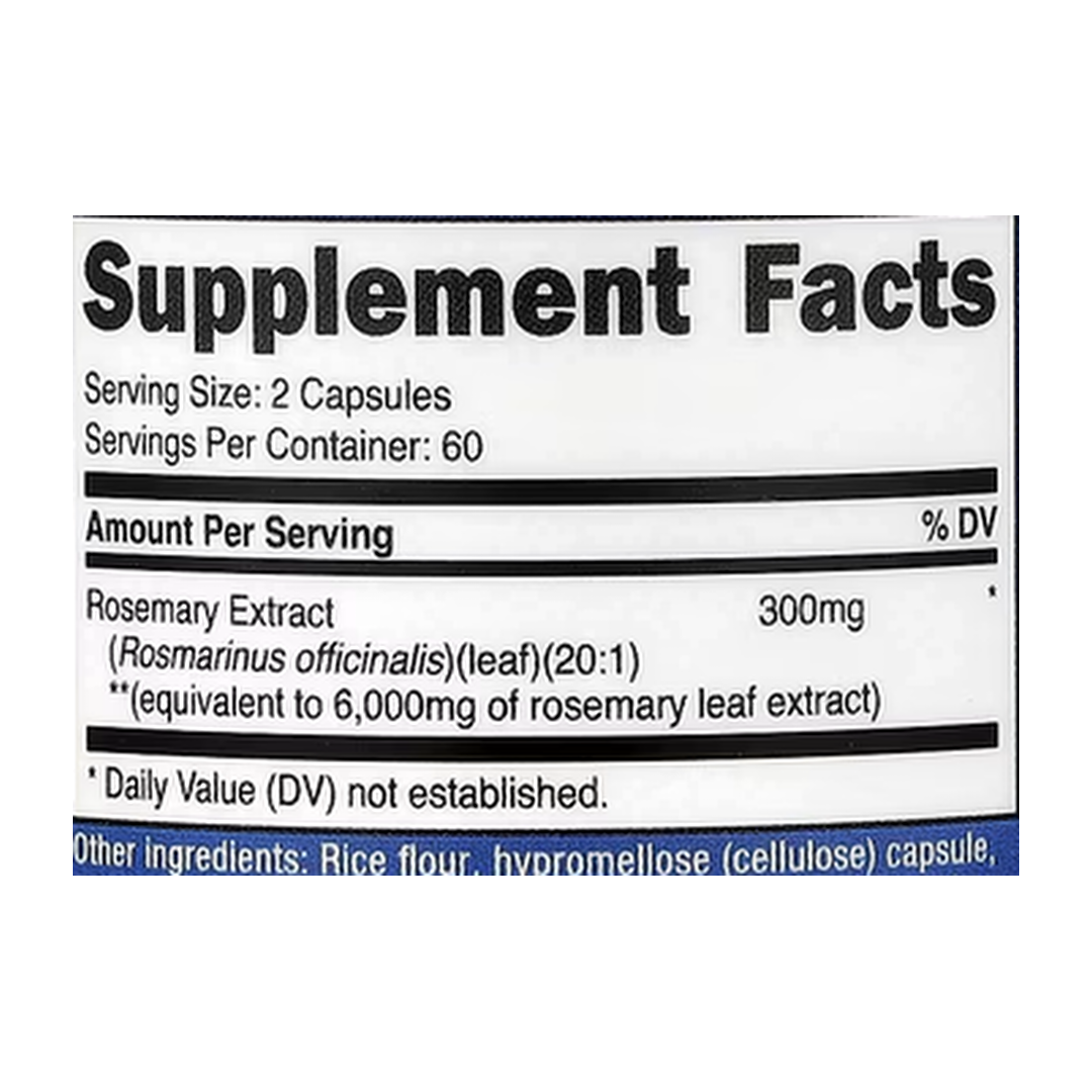 Nutricost, Rosemary, 120 Capsules supplement facts label showing ingredients, vitamins, minerals, and serving information