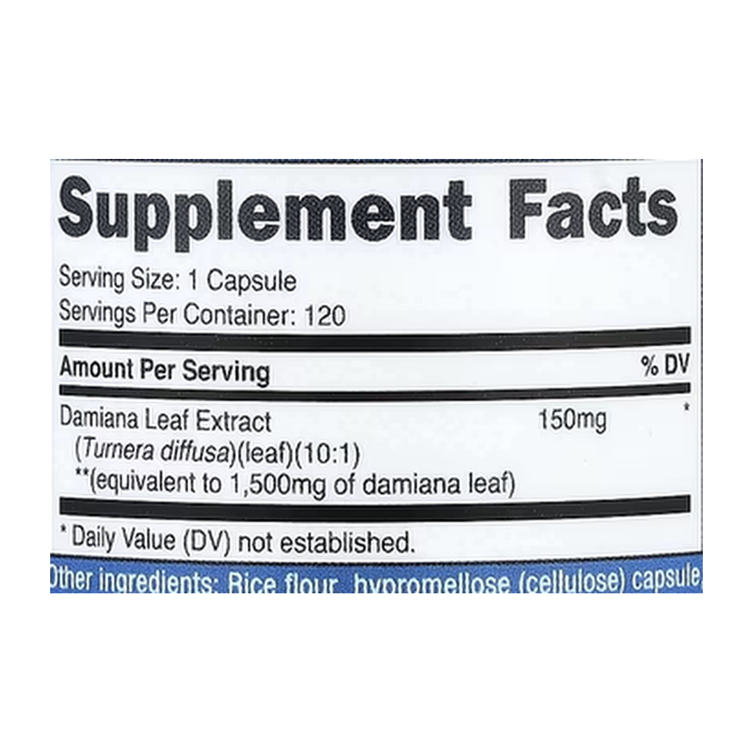 Nutricost, Damiana Leaf, 120 Capsules supplement facts label showing ingredients, vitamins, minerals, and serving information