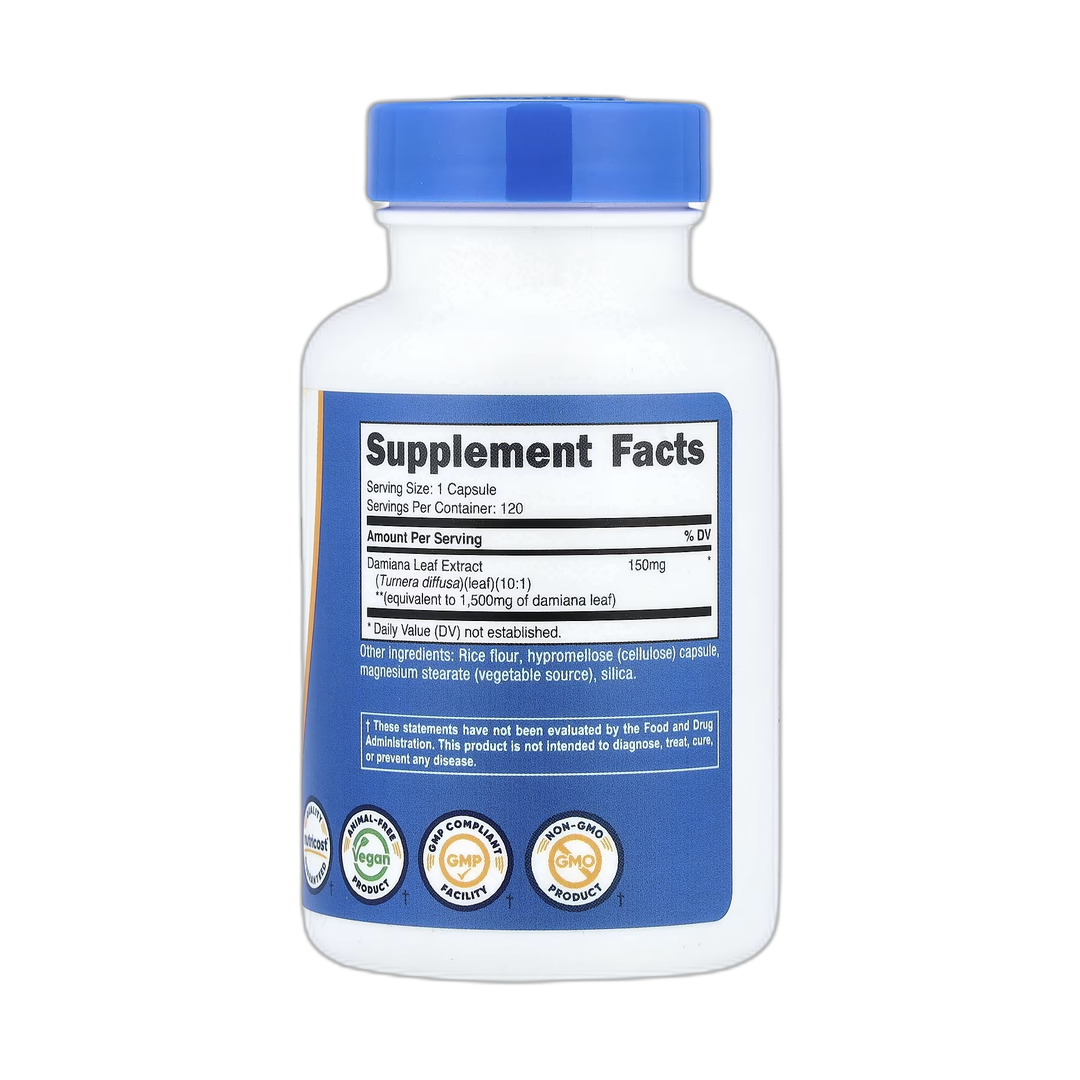 Nutricost, Damiana Leaf, 120 Capsules back packaging view