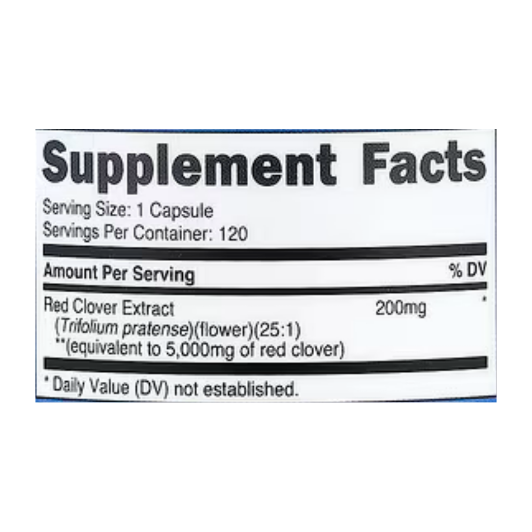 Nutricost, Red Clover, 120 Capsules supplement facts label showing ingredients, vitamins, minerals, and serving information